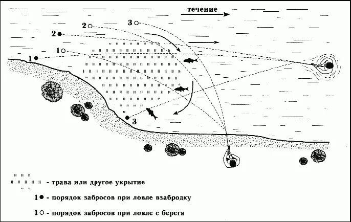 Направление течения и давления рыбы определяют. Спиннинг с блесной схема. Как правильно ловить рыбу на спиннинг с берега. Схема снасти для ловли семги на спиннинг. Ловля спиннингом на реке с течением.