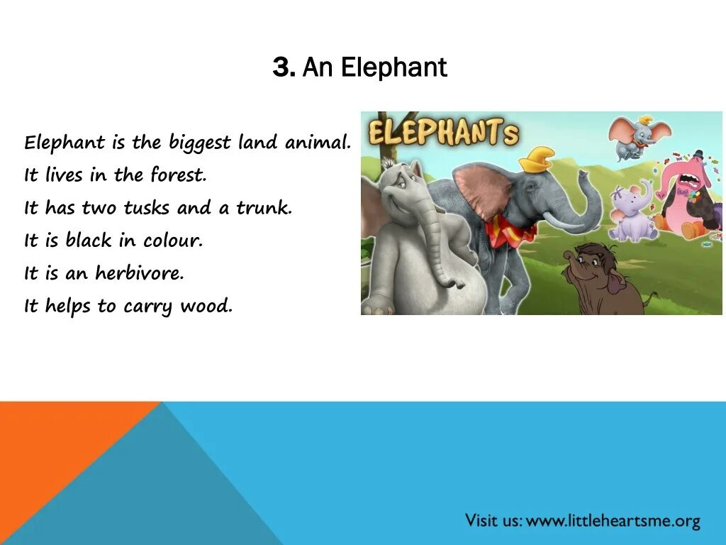 A Elephant или an. My favourite animal is Elephant.. Elephant is biggest animal in the Land. An Elephant is Heavier than me.