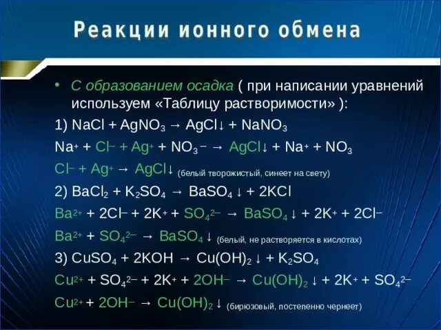 Уравнения с растворением осадка. Реакции ионного обмена с образованием осадка. Реакции протекающие с образованием осадка. Химические уравнения с образованием осадка. Реакции ионного обмена примеры.