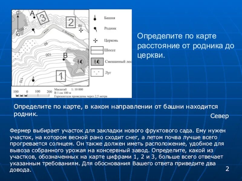 Определитеипо картекарте. Определите по карте в каком направлении от родника находится Церковь. Определите по карте в каком направлении от церкви находится башня. В каком направлении от родника.