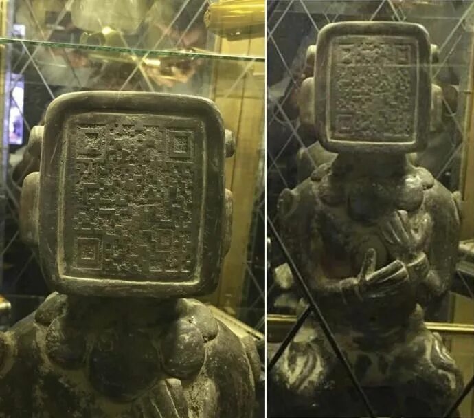 Древние статуи Майя с QR кодом. QR-код на лице древней статуи Майя. Древняя статуя Майя с кьюар кодом. Артефакты древних цивилизаций.