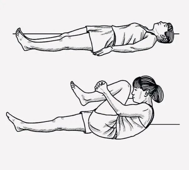 Бок вправо. Лежа на спине ноги согнуты в коленях. Упражнение сгибание ног лежа на спине. Упражнение колени к груди. Упражнение подтягивание лежа на спине.