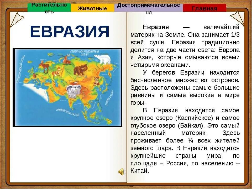 Название материка евразия. Сообщение о материке Евразия 2 класс окружающий мир. Материк Евразия краткое описание. Доклад о материке. Доклад по Евразии.