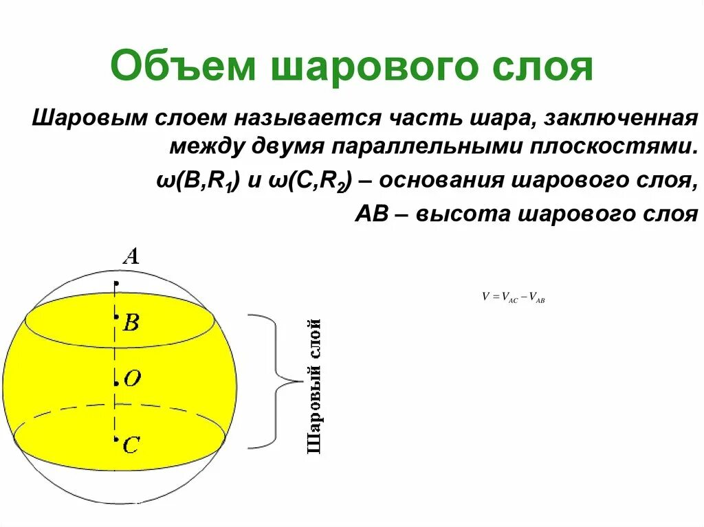 Как определить количество слоев. Формула для вычисления объема шарового слоя. Объем шарового слоя формула. Формула нахождения шарового слоя. Объем слоя шара формула.