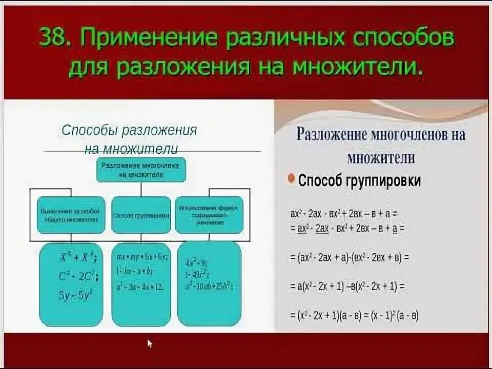 Применение преобразований целых выражений. Применение различных способов разложения многочлена на множители. Применение различных способов для разложения на множители. Преобразование целых выражений в многочлен.