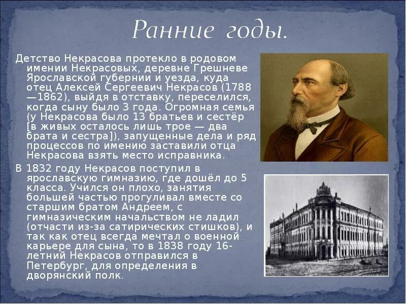 Некрасов учился в. Детство Некрасова. Детство Николая Алексеевича Некрасова.