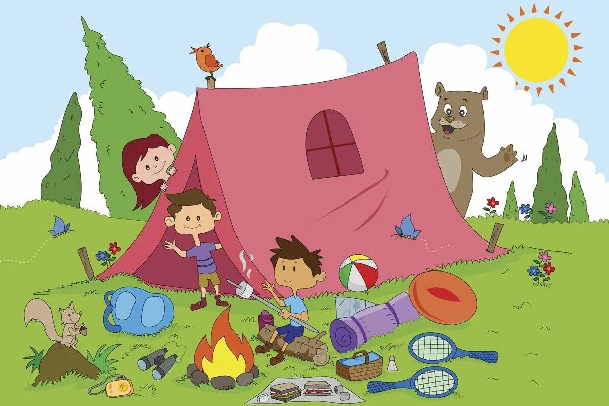 Туристический лагерь. Турслет эмблема. Дети в походе. Camp cartoon. Детский лагерь мультяшный.