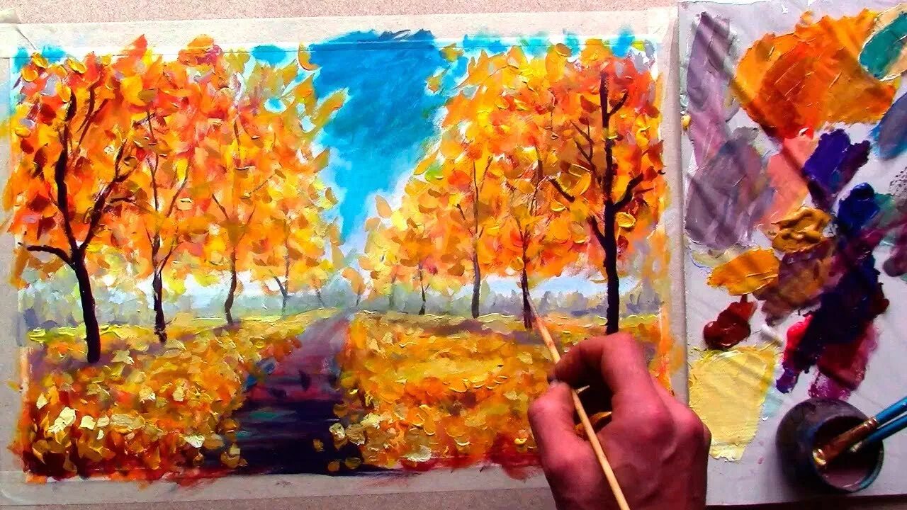 Осень картинки пошагово. Рисование осень. Урок рисования осень. Осень гуашью для начинающих. Рисование осеннего пейзажа гуашью.