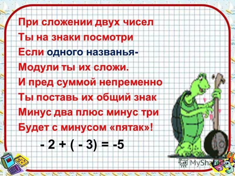 Минус на плюс при сложении. - На - при сложении. Плюс на минус даёт правило. Минус на минус дает плюс правило.