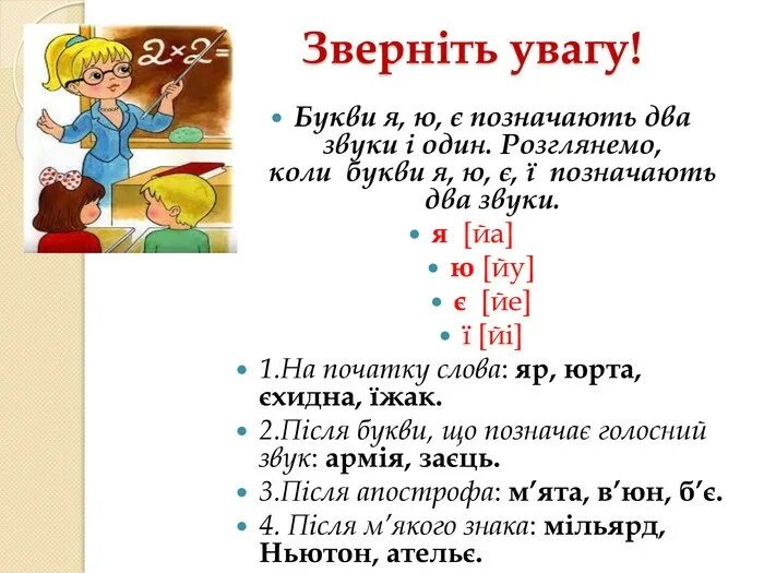 Слова на дж. Букви та звуки. Букви означають два звуки. Коли я ю є позначають два звуки. Звукове значення букв я ю є ї та щ.