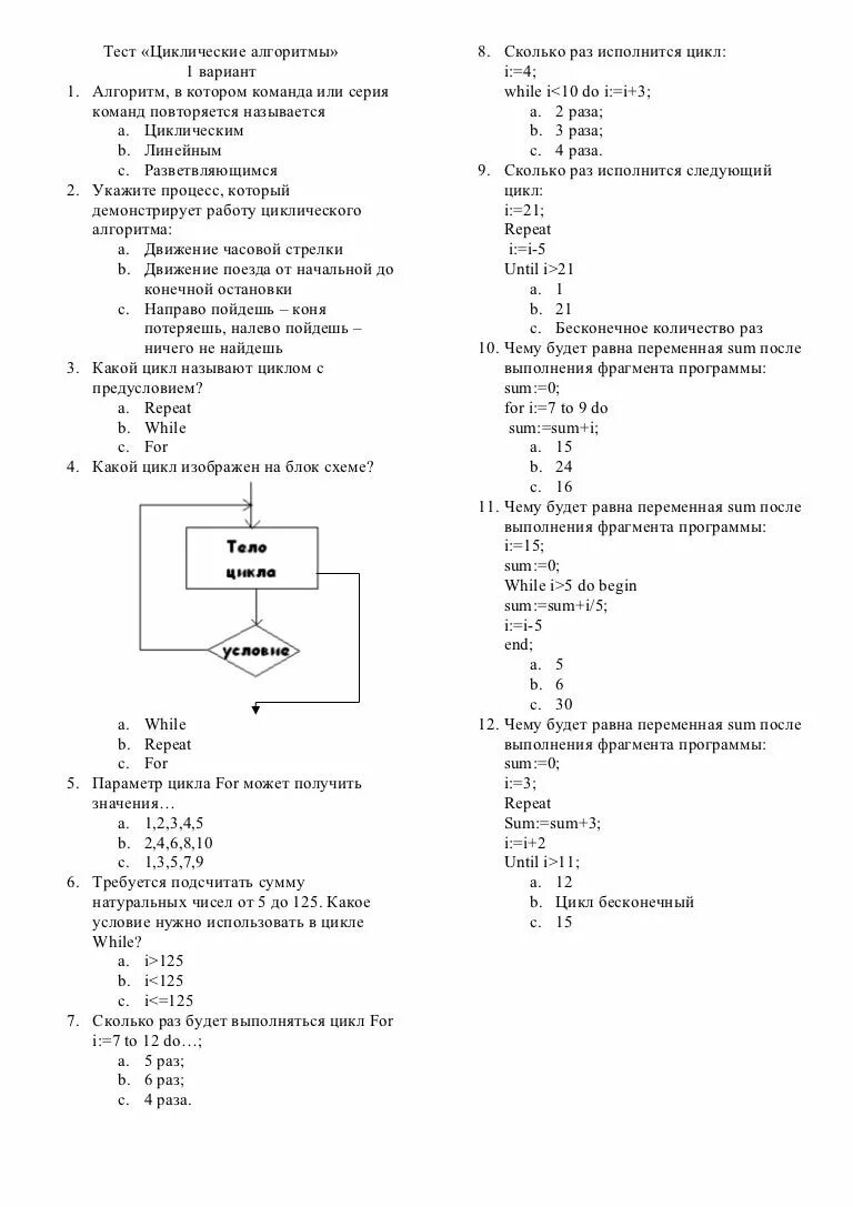 Тест циклический алгоритм. Паскаль Информатика 8 класс программирование циклических алгоритмов. Алгоритм с циклом 8 класс Информатика. 8_Тест «программирование циклических алгоритмов» вариант 1 ответы. Тест программирование циклических алгоритмов 8 класс Информатика.