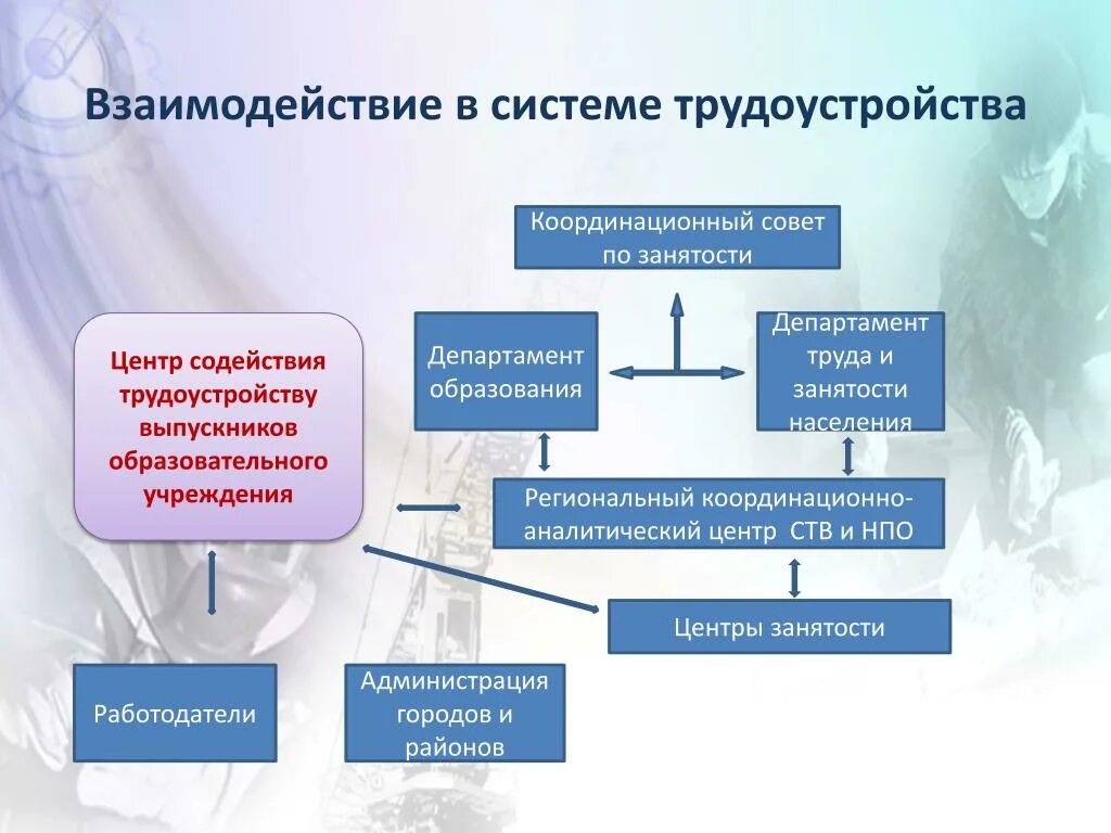 Взаимодействие организаций с учреждениями образования. Структура центра содействия трудоустройству выпускников. Модель трудоустройства выпускников. Взаимодействие центра занятости с организациями. Взаимодействие с центром занятости.