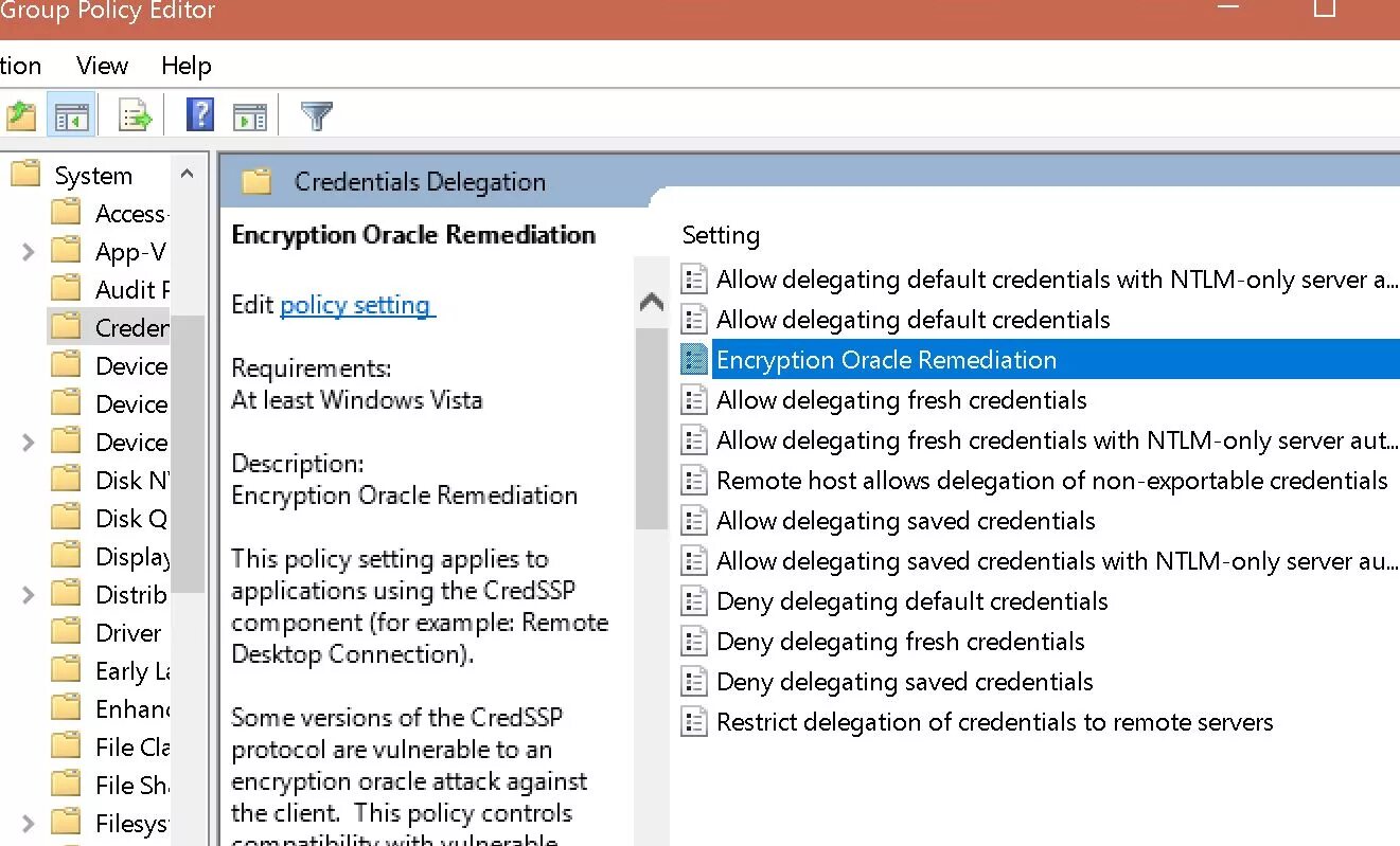 Credentials delegation в русской версии. Шифрование gpedit. Ошибка оракула CREDSSP. Credentials delegation перевод. Client credentials