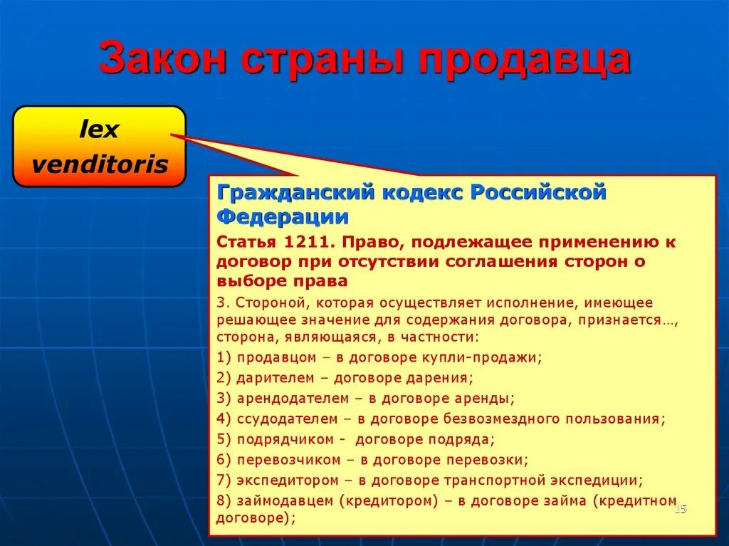 Закон страны продавца. Закон страны продавца ( Lex venditoris). Закон страны продавца в МЧП. Закон страны продавца в МЧП пример.