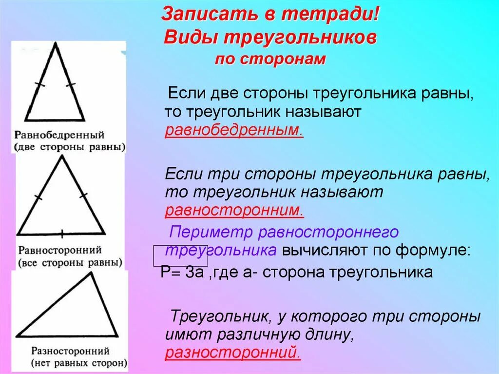 Виды треугольников. Виды треугольников по сторонам. Треугольники классификация треугольников по сторонам. Треугольник и его виды презентация.