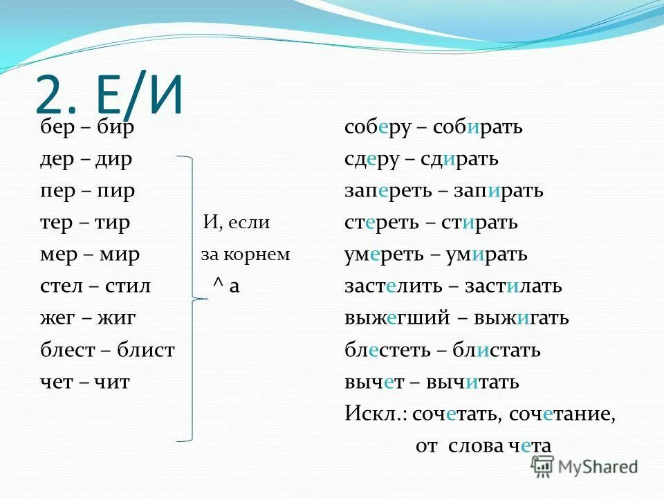 Корни бер бир тер тир пер пир дер Дир стел стил правило. Чет чита примеры