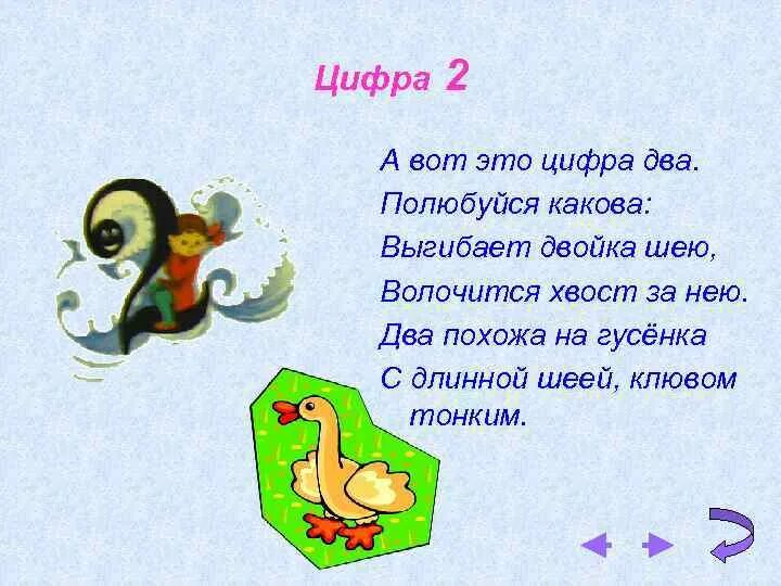 Цифра 2 слова подойдешь. На что похожа цифра 2. Цифра 2 похожа на гусенка. А вот это цифра 2 полюбуйся какова. Стих про двойку.