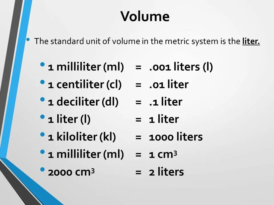 Liter to ml. Volume Units. Unit Standard. Metric Volume. How many units