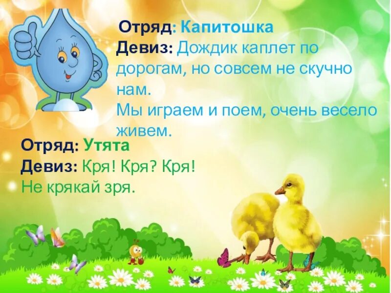 Придумать девиз отряду. Девиз отряда капитошка. отряд утята девиз. речевка для отряда капитошка. девиз про уток.