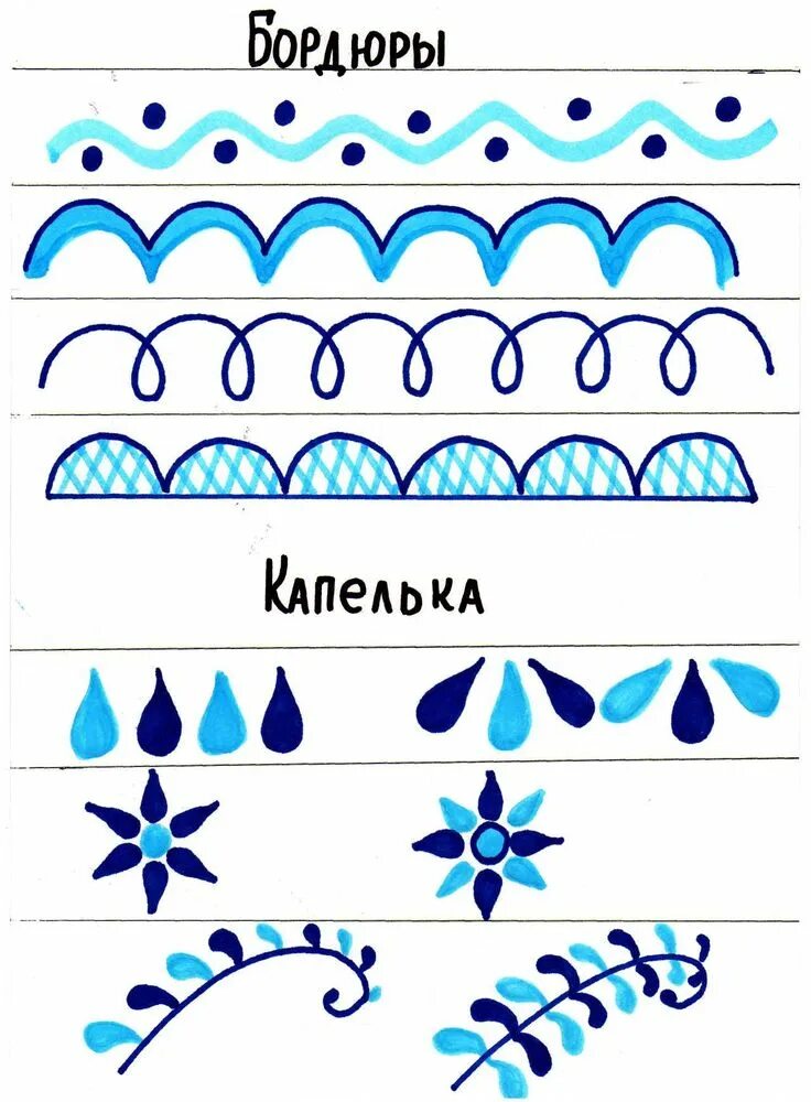 Узоры дошколятам. Гжельская роспись элементы росписи для детей. Элементы росписи Гжель для дошкольников. Основные элементы гжельской росписи для дошкольников. Элементы гжельской росписи для рисования детьми.