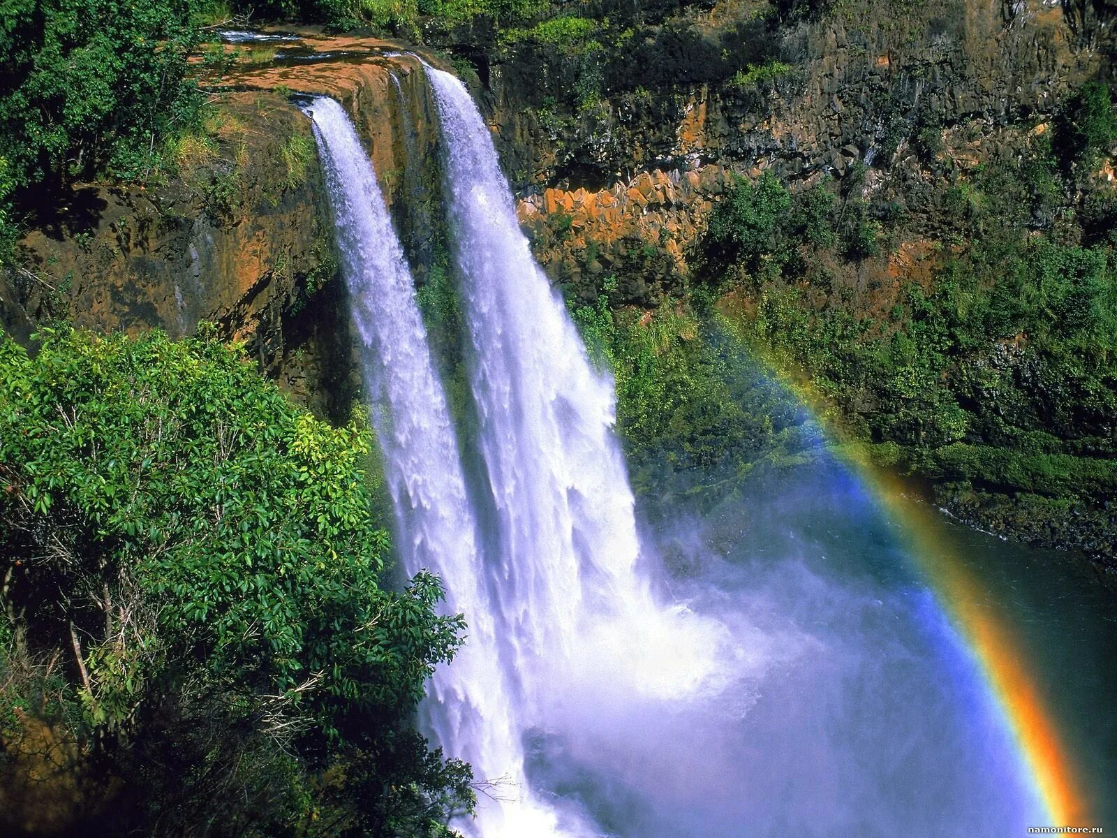 Водопад Ваилуа Гавайи. Kauai водопады. Гавайи водопады и радуги. Анимированные водопады.