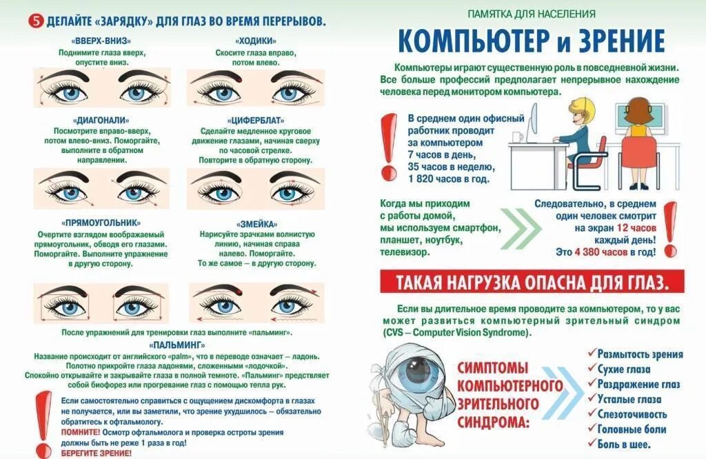 Охрана труда зрения. Памятка гимнастика для глаз. Профилактические упражнения для глаз. Зрение зарядка для глаз. Памятка для зрения.
