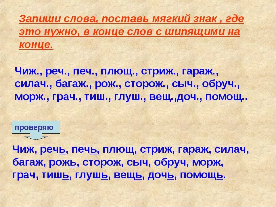 Слова с мягким знаком на конце. Слова с шипящими на конце. Слова с мягким знаком в конце слова. Слова с мягким знаком на конце существительных.