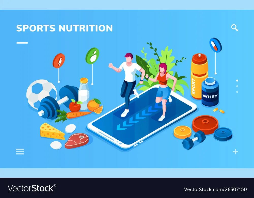 Приложения для зож. Отдых питание и спорт вектор. sport health isometric. графика зож йогурт.