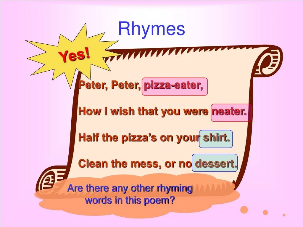 Words that rhyme. Poem about pizza.