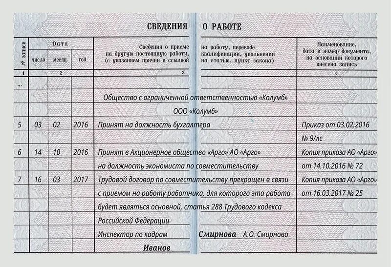 Сотрудник работает по внутреннему совместительству. Как записать увольнение в трудовой книжке по совместительству. запись по совместительству в трудовой книжке образец. перевод по совместительству запись в трудовой книжке. делается ли запись в трудовой книжке при работе по совместительству.