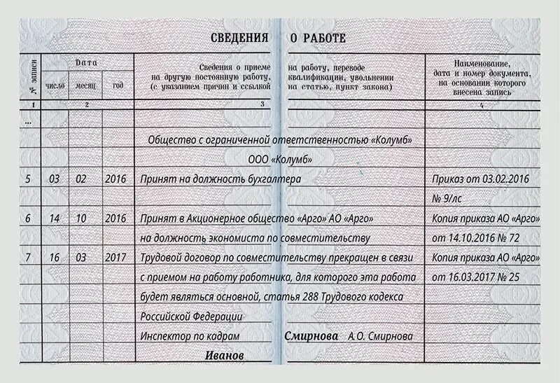 Как записать увольнение в трудовой книжке по совместительству. Принятие по совместительству запись в трудовой книжке. Запись в трудовую книжку о переводе с основного на совместительство. Запись о дистанционной работе в трудовую книжку.