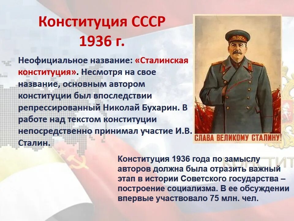 1936 — Принята сталинская Конституция СССР.. Сталинская Конституция 1936 презентация. Конституция СССР 1936 Г. презентация. Сталинская Конституция 36 года. Конституции ссср принятой в 1936 г