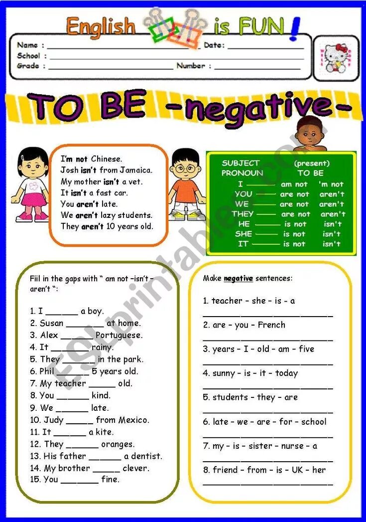 Глагол to be в английском языке Worksheets. To be negative упражнения. Глагол to be упражнения Worksheets. To be for Kids 2 класс.