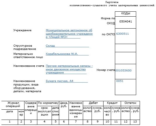 Счета учета материальных ценностей. Карточка количественно-суммового учета ф.0504041. Ф 0504041 карточка количественно-суммового учета материальных ценностей. Карточка количественно-суммового учета 0504041. Карточка учета материальных ценностей 0504043 бланк.