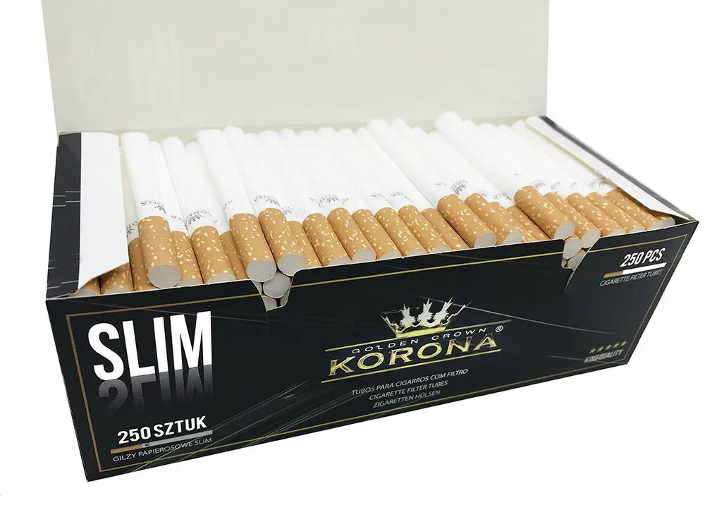 Магазин супертабак купить сигареты. Гильзы сигаретные Korona Slim 250. Сигаретные гильзы Korona - Slim (250 шт.). Гильзы для сигарет Korona Slim 6.5 мм. Сигаретные гильзы Slim 6,5.