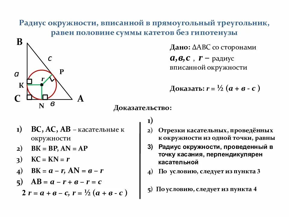 Вписанный равнобедренный треугольник свойства. Радиус вписанноготв прямоугольный треугольник круга. Формула вписанной окружности в прямоугольный треугольник. Радиус круга вписанного в прямоугольный треугольник. Радиус вписанной окружности в прямоугольный треугольник.