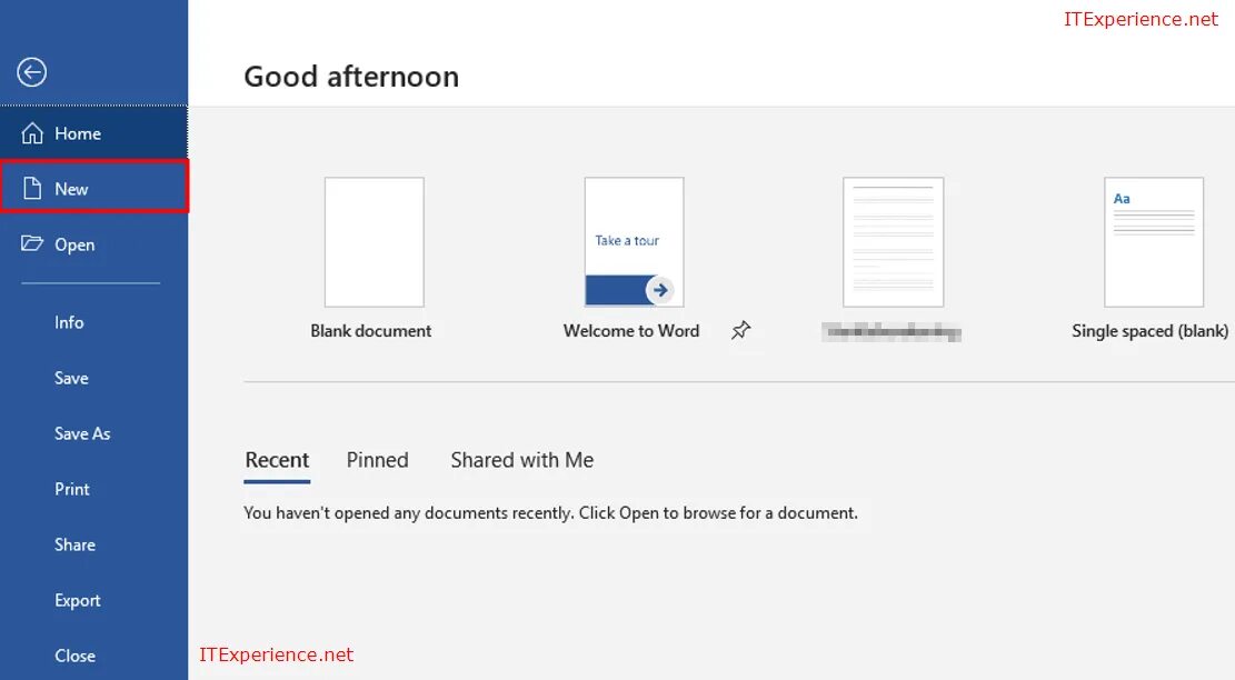 Document selector. Word 2016. new document. open documents. blank new.