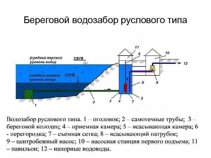 Водозаборные сооружения руслового типа схемы. Схема водозаборного сооружения Берегового типа.. Водозаборный узел скважины схема. Оголовок руслового водозабора.