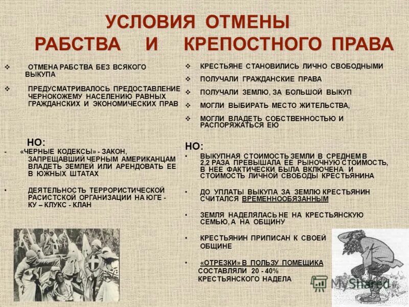 Когда отменили рабство. Условия отмены крепостного права. Отличие крепостного права от рабства. Отмена рабства. Сходства и различия рабства и крепостного права.