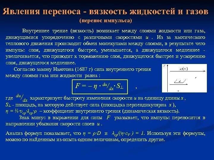 Явление переноса вязкость коэффициент вязкости. Явление переноса внутреннее трение. Явление переноса импульса. Явление внутреннего трения в газах.