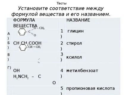 Установить соответствие формула класс