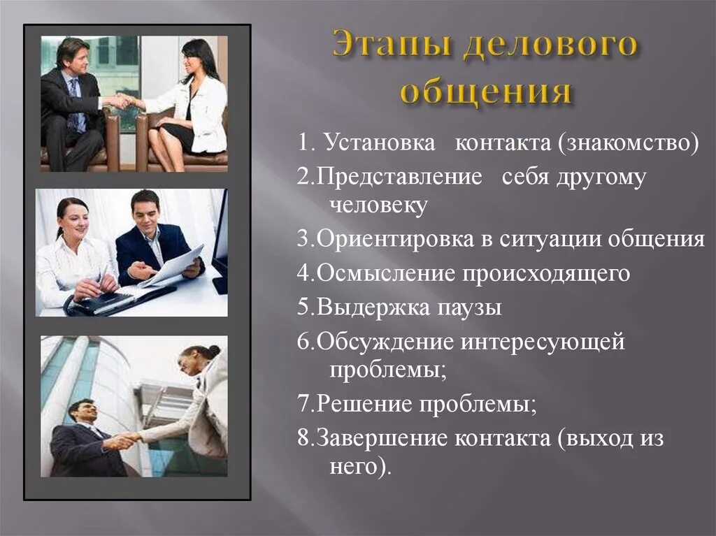 Роль общения в работе. Этапы делового общения. Профессиональный этикет. Виды делового общения в психологии. Деловое общение презентация.