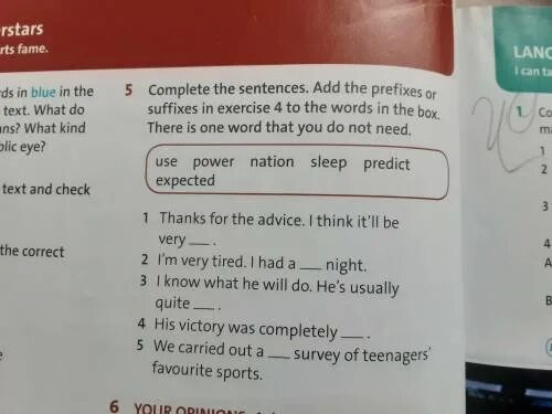 Sentences with suffixes. Complete the Words with the prefixes in the Box social Cycle. Complete the Words with the correct suffixes.. Complete the sentences by adding the suffixes from the Box.