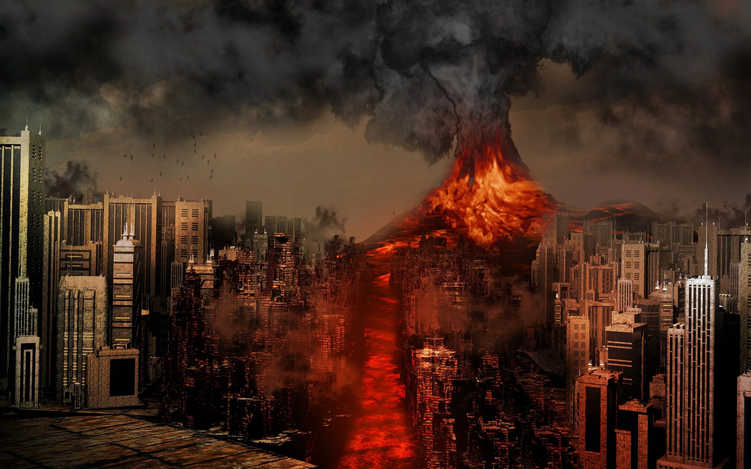 Большой катаклизм. Извержение вулкана конец света. Разрушенный город. Разрушенный мир. Фон апокалипсис.