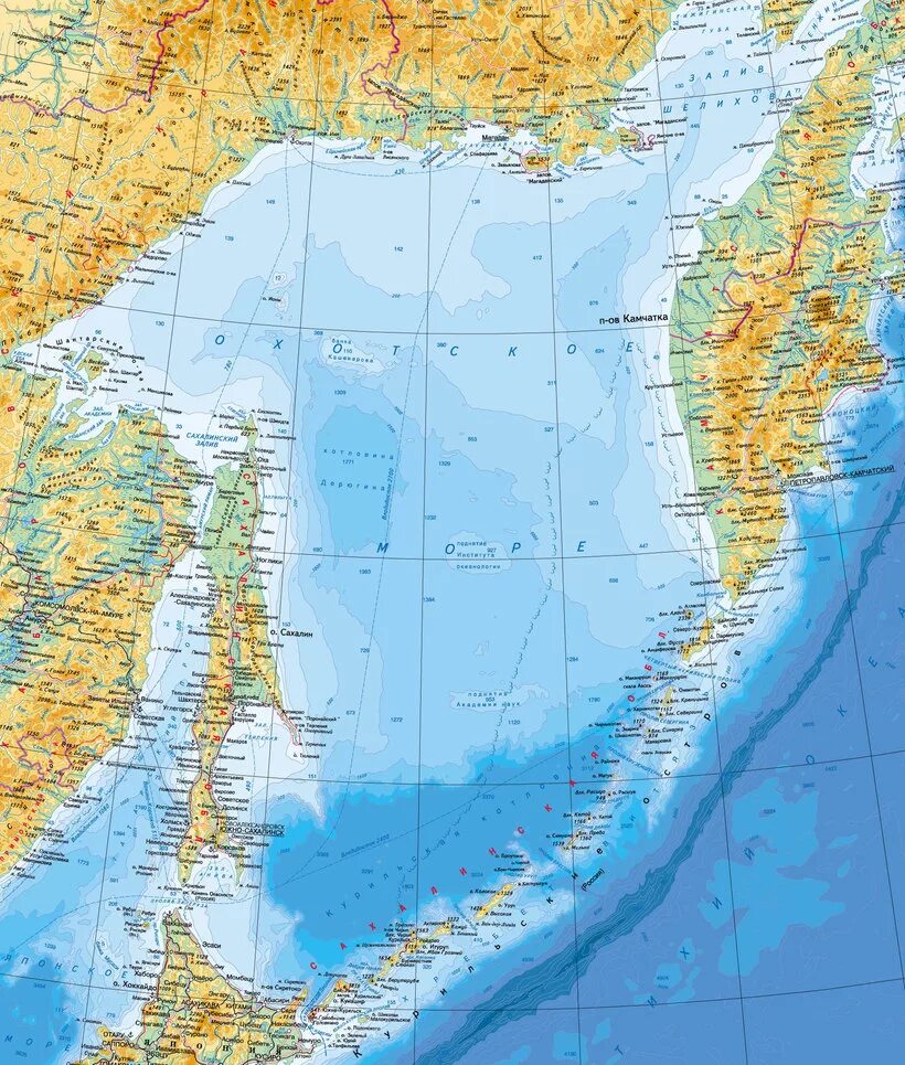 Дальний восток омывают моря тихого океана. Побережье Охотского моря карта. Охотское море на карте. Карта Охотское море Сахалин Курилы. Охотское море физическая карта.