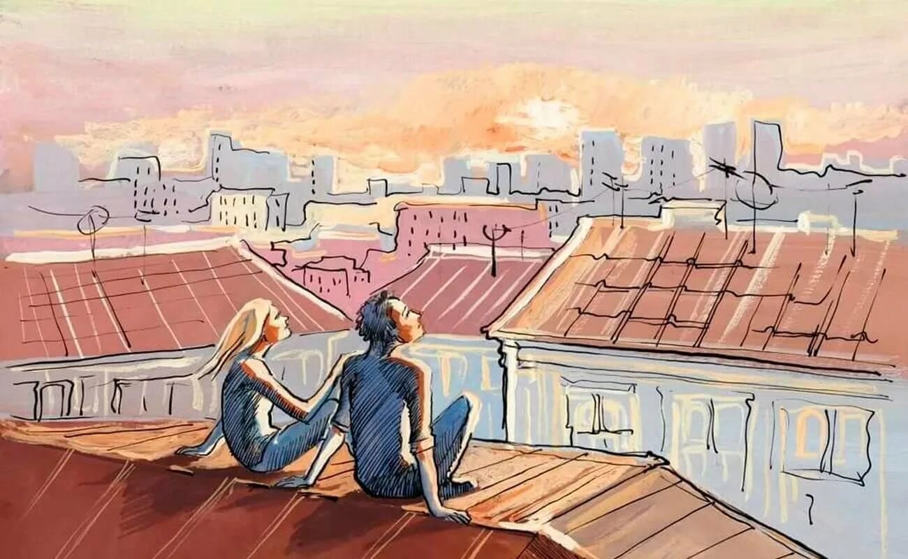 Рисунок смотря. Живопись на крыше девушка. Крыша иллюстрация. Дети сидят на крыше. Вид с крыши рисунок.