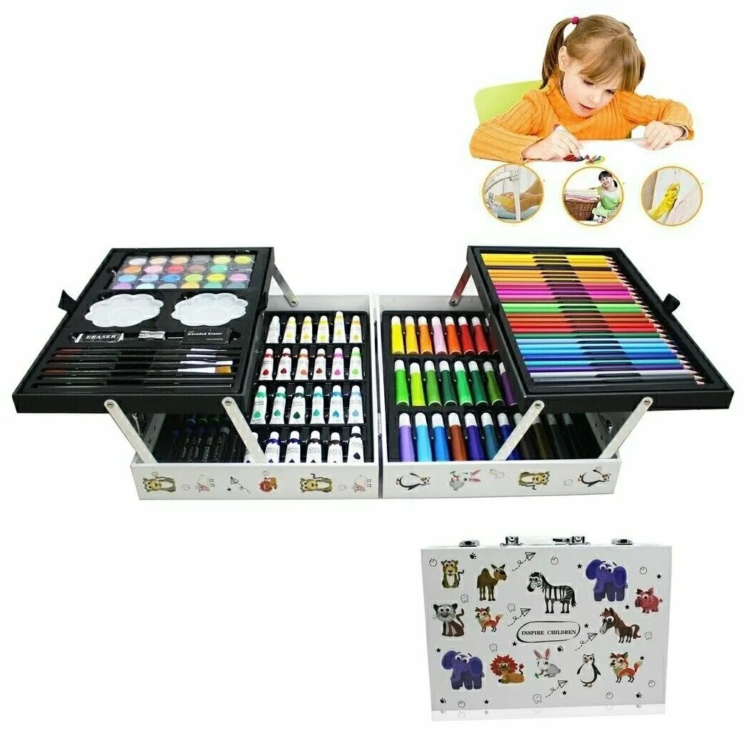 чемоданчик "набор юного художника" 145 предметов zw, розовый. подарки для детей. чемоданчик "набор юного художника" 145 предметов zw, розовый. набор для рисования в чемоданчике. набор для рисования 145 предметов в чемоданчике.