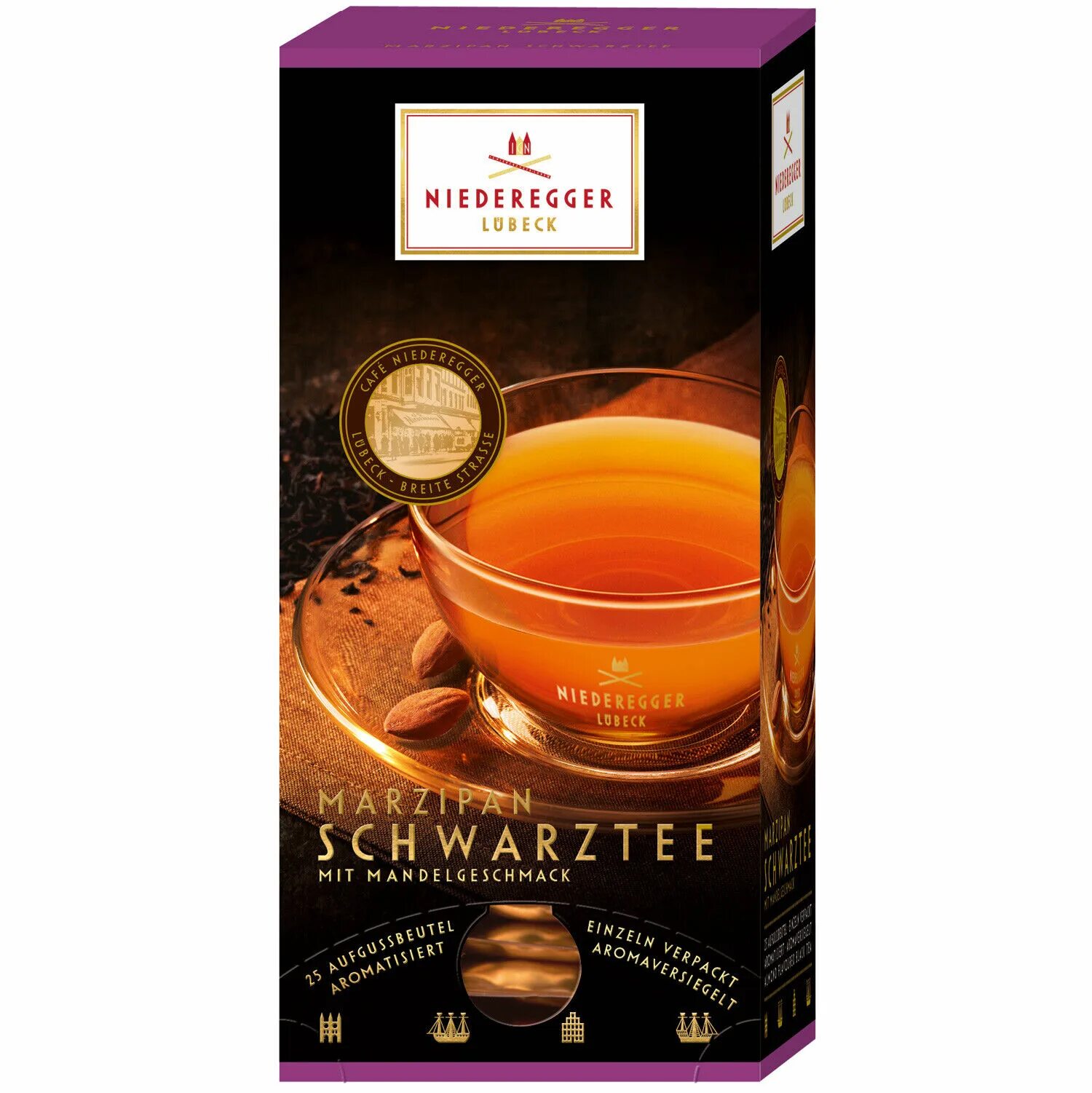 Купить чай в калининграде. Marzipan Schwarztee чай. Чай с марципаном Niederegger. Марципановый чай ройбуш Niederegger. Марципановый черный чай.