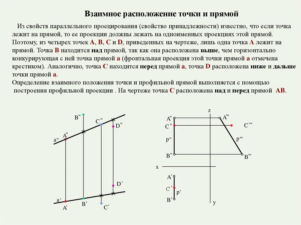 Точка расположена перед прямой. Как построить проекцию прямой. Определить взаимное расположение прямой и точки. Проецирование прямой. Взаимное расположение прямых.