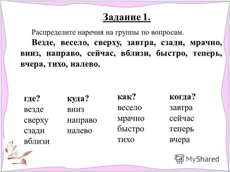 Наречие задания. Упражнения по теме наречие. Распредели наречия на 2 группы